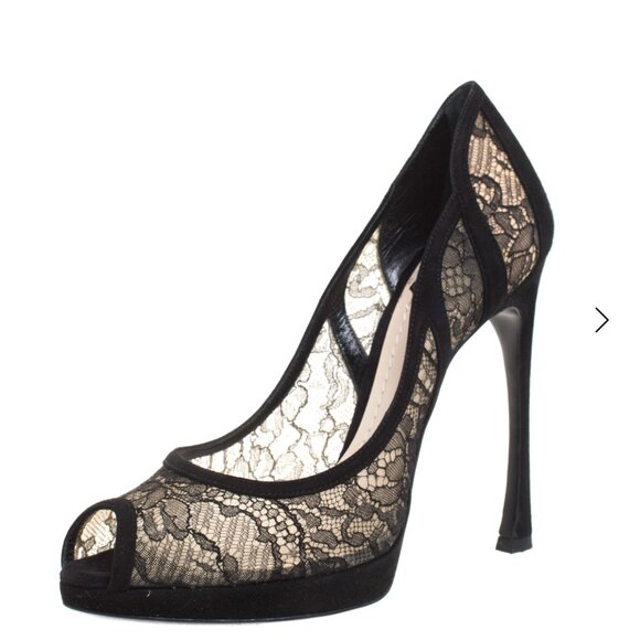 Dior Black Lace Peep-Toe Heels - Picture 1 of 14